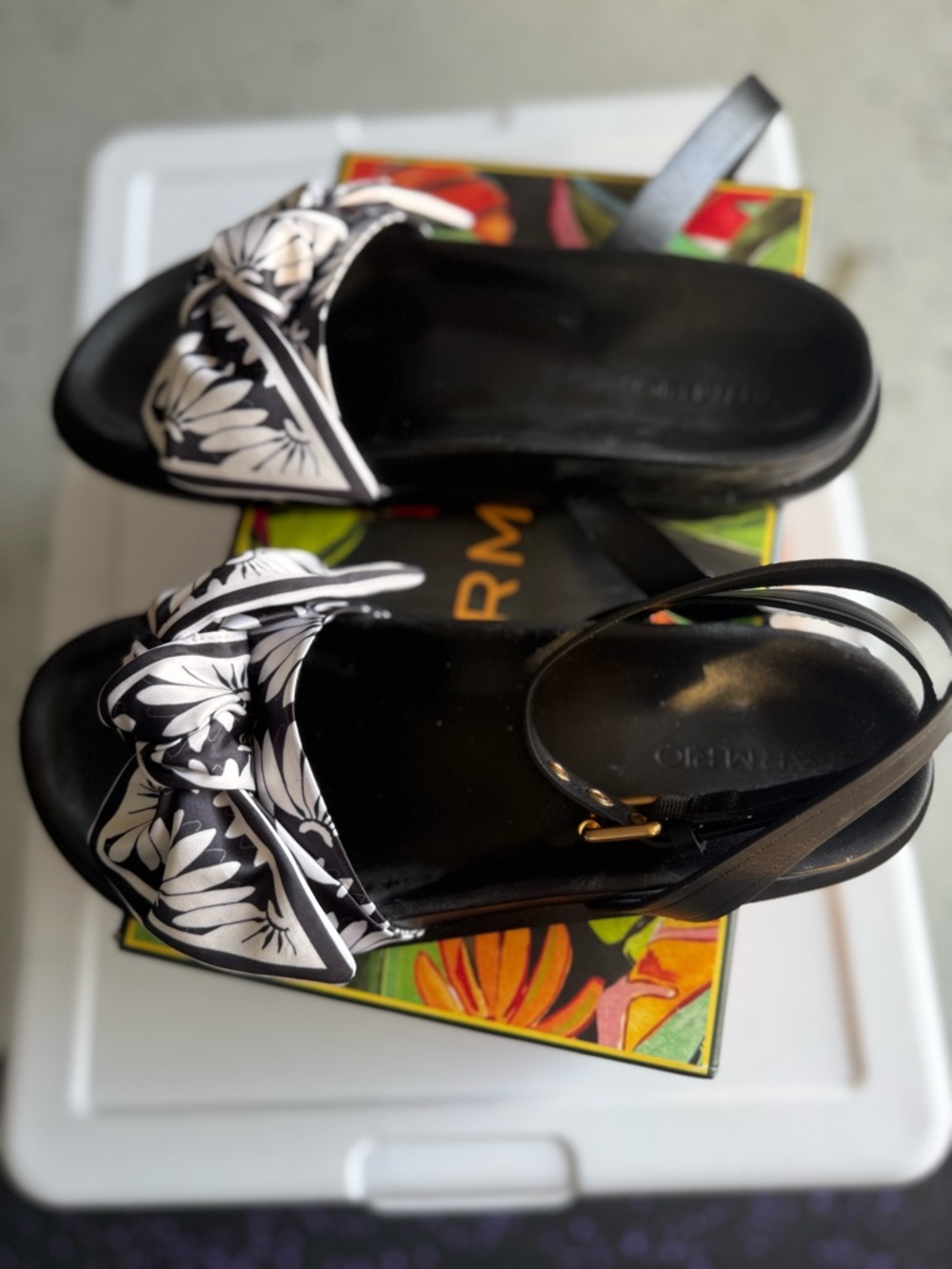 FARM Rio Black & White Floral Bow Slingback Sandals